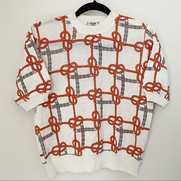 Celine Monogram Logo Cotton Crewneck Rope Chain Knit Tee Top 44 M L Ivory Knit - Picture 1 of 5